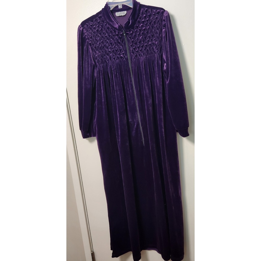 VTG Saybury Zip Front Purple Velour Velvet Long Housecoat Robe Smocked Small